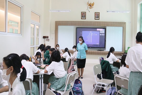 Kegiatan Pembelajaran di Kelas dengan Smartboard di Kelas dan Meja yang di Bentuk Bundar